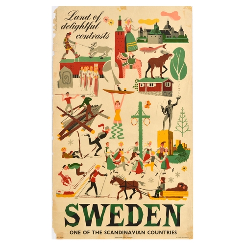 239 - Travel Poster Sweden Land Of Delightful Contrasts Scandinavia . Original vintage travel poster for S... 