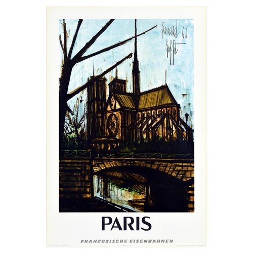 Travel Poster Paris French Railways Notre Dame Bernard Buffet. Original vintage travel poster by French Railways promoting tourism to Paris featuring an illustration by a French expressionism painter Bernard Buffet (1928-1999) depicting the historic medieval Notre Dame cathedral on the Ile de la Cite with a tree framing the image against the blue sky over a bridge and the calm reflective water of the River Seine below. Lettering in German. Good condition, creasing, minor staining, small tears on edges. Country of issue: France, designer: Bernard Buffet, size (cm): 60x40, year of printing: 1967.