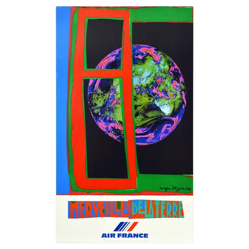 Travel Poster Merveilles De Laterre Wonders Of The Earth Air France Bezombes. Original vintage travel advertising poster for Air France the flag carrier of France - Marveilles de la Terre / Wonders of the Earth - featuring an illustration Roger Bezombes (1913-1994) of an Earth in pink, purple, green and blue tones seen through a red and green window. Very good condition, crease marks on top edge. Country of issue: France, designer: Roger Bezombes, size (cm): 100x60, year of printing: 1980.