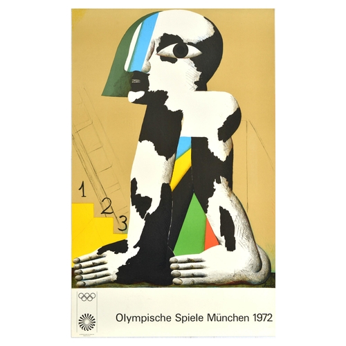 Sport Poster Munich Olympics 1972 123. Original vintage sports poster for the 1972 Summer Olympics in Munich (Olympische Spiele Munchen) designed by artist Horst Antes (b. 1936) - one of the series of posters by various popular artists of the period (Peter Phillips, Horst Antes, Otl Aicher, David Hockney among others) commissioned to design the 1972 Olympic Games posters in Germany for their advertising campaign, which aimed to "represent the intertwining of sports and art worldwide. The 1972 Summer Olympics, officially known as the Games of the XX Olympiad, was an international multi-sport event held in Munich, West Germany, from 26 August to 11 September 1972. The sporting nature of the event was largely overshadowed by the Munich massacre in the second week, in which eleven Israeli athletes and coaches and a West German police officer at Olympic village were killed by Black September terrorists. The 1972 Summer Olympics were the second Summer Olympics to be held in Germany, after the 1936 Games in Berlin, which had taken place under the Nazi regime. The West German Government had been eager to have the Munich Olympics present a democratic and optimistic Germany to the world, as shown by the Games' official motto, "Die Heiteren Spiele", or "the cheerful Games". The logo of the Games was a blue solar logo (the "Bright Sun") by Otl Aicher, the designer and director of the visual conception commission. The Olympic mascot, the dachshund "Waldi", was the first officially named Olympic mascot. The Olympic Fanfare was composed by Herbert Rehbein. The Olympic Park (Olympiapark) is based on Frei Otto's plans and after the Games became a Munich landmark. The competition sites, designed by architect GÃ�nther Behnisch, included the Olympic swimming hall, the Olympics Hall (Olympiahalle, a multipurpose facility) and the Olympic Stadium (Olympiastadion), and an Olympic village very close to the park. The design of the stadium was considered revolutionary, with sweeping canopies of acrylic glass stabilized by metal ropes, used on such a large scale for the first time. Very good condition, minor staining. Country of issue: Germany, designer: Horst Antes, size (cm): 102x64, year of printing: 1970.