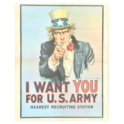Propaganda Poster I Want You For US Army Uncle Sam Montgomery Flagg. Original vintage army recruitment propaganda poster - I Want You For U.S. Army - featuring an iconic image of Uncle Sam, a national personification of the government of the United States and the country in general, seen dressed in a blue suit and top hat with white stars pointing his finger at the viewer, created by an American artist James Montgomery Flagg (1877-1960) around 1917, the poster was inspired by the British Lord Kitchener poster that was used to recruit soldiers. Printed by U.S. Government Printing Office. Good condition, folds, creasing, tears in margin, minor staining. Country of issue: USA, designer: James Montgomery Flagg, size (cm): 71x56, year of printing: 1975.