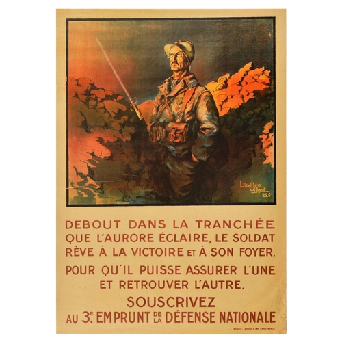 384 - War Poster Emprunt Defense National WWI War Loan Bonds Soldier In Trench. Original antique World War... 