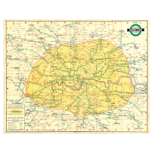 London Underground Poster Transport Green Line Coach Map . Original vintage travel map Green Line Coach Map by London Transport featuring a list of the coach stations and a map of London with the routes marked throughout the city reaching into towns around London. Green Line Coaches was formed in 1930 as a response to the increase in commuter numbers, the services were suspended during World War II and resumed in 1946 adding more services, in 1986 London Country was divided into four operating companies in preparation for privatisation, Green Line network had only a few routes left, with the airport services passed to National Express. In the mid-1990s Arriva became the owner of Green Line brand. Good condition, folds, tears on edges, minor staining. Country of issue: UK, designer: Unknown, size (cm): 15x8 (folded) 44x57, year of printing: 1935.