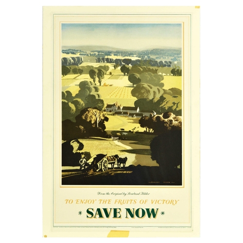 War Poster Save Now Fruits of Victory WWIIRowland Hilder. Original vintage World War Two poster - To Enjoy the Fruits of Victory - Save Now - Design by Rowland Hilder (1905-1993) features a horse drawn cart pulled along a track at the top of a hill with a country scene in the background. Issued by the National Savings Committee London, Scottish Savings Committee Edinburgh, Ulster Savings Committee, Belfast. Printed for HM Stationery Office by J. Howitt and Son LTD. Nottm. Good condition, creasing on top corners, browning, minor staining, backed on board. Country of issue: UK, designer: Rowland Hilder, size (cm): 76x49, year of printing: 1940s.