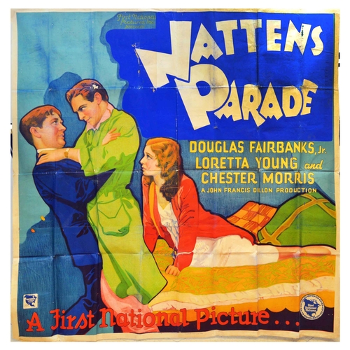 Film Poster Fast Life Douglas Fairbanks Nattens Parade Denmark. Rare original vintage movie poster for Fast Life released as Nattens Parade in Denmark, a 1929 American drama film directed by John Francis Dillon, starring Douglas Fairbanks Jr., Loretta Young, and Chester Morris, featuring a dramatic image of two men in a fight and worried lady on the bed. This film is lost and there are no surviving copies of the reels that are known to exist. Printed by Continental Litho, Corp.  Acceptable condition, English title overpainted with a Danish film name, tears, creasing, staining, pinholes, foxing, folds, paper losses, printing errors, backed on old linen. Country of issue: USA, designer: Unknown, size (cm): 200x200, year of printing: 1929.