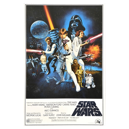 Film Poster Star Wars Saga George Lucas Hamill Ford Fisher Cushing. Commercial poster printed for sale to the public for the first film in the iconic Star Wars saga by George Lucas starring Mark Hamill as Luke Skywalker, Harrison Ford as Han Solo, Carrie Fisher as Princess Leia, Alec Guinness as Obi Wan-Kenobi, Anthony Daniels and Kenny Baker as the droids C3-PO and R2-D2, Peter Mayhew as Chewbacca, Peter Cushing as Grand Moff Tarkin and David Prowse as Darth Vader. Design features characters of the film holding lightsabers ad guns set over starry sky. Very good condition, creasing, small tears. Country of issue: USA, designer: Unknown, size (cm): 91x61, year of printing: 1977.