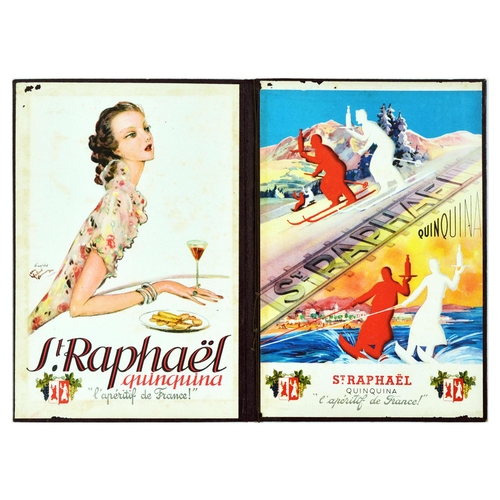 Advertising Poster Dommergue St Raphael Quinquina Wine Ski France Aperitif. Original vintage advertising menu cover with two posters for St Raphael Quinquina l'aperitif de France French aperitif drink featuring an illustration designed by Jean Gabriel Dommergue of an elegant lady holding a glass of the aperitif drink and two silhouettes of waiters in red and white holding a tray with the drink bottle on sleds, skis and water skis with railway tracks reading St Raphael. Good condition, small paper losses on edges, staining, foxing, backed on hard cover. Country of issue: France, designer: Jean Gabriel Dommergue , size (cm): 34x49 (open) 25x34 (closed), year of printing: 1930s.