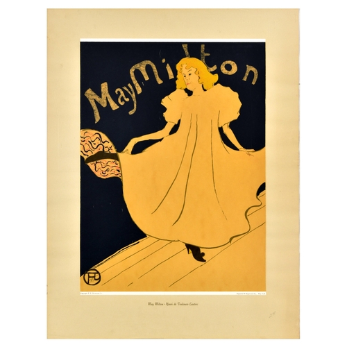 Advertising Poster May Milton Moulin Rouge Can Can Dancer Toulouse Lautrec. Vintage reproduction advertising poster for May Milton featuring the 1895 artwork by French artist Henri de Toulouse Lautrec (1864-1901) depicting May Milton, an English can-can dancer from Moulin Rouge, in a flowing yellow dress. Printed by Raymond & Raymond, Inc. New York. Good condition, creasing, staining, pencil on bottom right edge. Country of issue: USA, designer: Toulouse Lautrec, size (cm): 77x59, year of printing: 1970s.