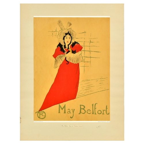 Advertising Poster May Belfort Toulouse Lautrec Singer Cat Moulin Rouge. Vintage reproduction advertising poster May Belfort featuring an 1895 artwork by French artist Henri de Toulouse-Lautrec (1864-1901) depicting May Belfort (c.1872�1929) an Irish singer, actress and comedian, portrayed in a long red dress seen holding her black cat. Printed by Raymond & Raymond., Inc. New York. Good condition, creasing, staining, pencil marks. Country of issue: USA, designer: Toulouse Lautrec, size (cm): 77x59, year of printing: 1970s.