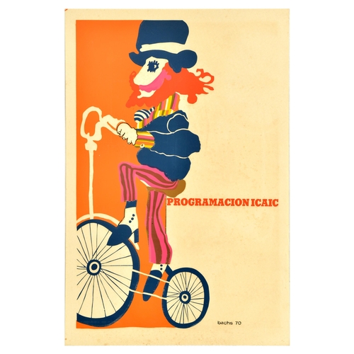 Advertising Poster Programacion Icaic Cuba Bicycle Penny Farthing Eduardo Munoz Bachs. Original vintage advertising poster titled Programacion Icaic featuring a great illustration by a Cuban poster artist Eduardo Munoz Bachs (1937-2001) depicting a red-haired gentleman in a blue jacket, pink striped trousers, colourful scarf and a bowler hat riding a high wheel bicycle, also known as a penny farthing. Silkscreen printed. Good condition, foxing, staining, creasing. Country of issue: Cuba, designer: Bachs, size (cm): 76x51, year of printing: 1970.