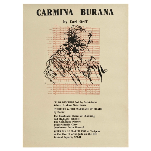 Advertising Poster Carmina Burana Cello Concerto Graham Waterhouse Choir Channing Highgate School. Original vintage advertising poster for a cantata Carmina Burana by a German composer and music educator Carl Orff (1895-1982) Cello Concerto No 1 by Saint-Saens, soloist Graham Waterhouse, Overture to The Marriage of Figaro by Mozart, combined Choirs of Channing and Highgate Schools, The Cockaigne Players, leader: Renee Clare,  conductor Colin Howard.  Concert was performed on Saturday, 22 March at the Church of St. Jude-on-the-Hill, Central Square NW11. The poster features a silhouette of a gentleman set over a music score.  Very good condition, creasing, small tears on right edge, thick grey paper. Country of issue: UK, designer: Unknown, size (cm): 75x55, year of printing: 1980.