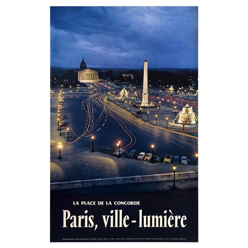 Travel Poster Paris Place De La Concorde Ville Lumiere. Original vintage travel poster for Place de la Concorde Paris, city of light / La place de la concorde Paris, ville-lumiere, featuring an image of the night city with the fountains on either side of the Luxor Obelisk, and Palais Bourbon in the distance. Published by and for the French Government. Photo by Ervin Marton. Printed by Draeger. Very good condition, small tears on edges. Country of issue: France, designer: Ervin Marton, size (cm): 99x62, year of printing: 1950s.