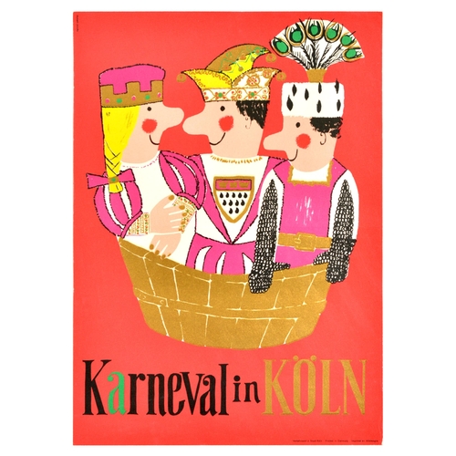 Travel Poster Koln Karneval Carnival Cologne City Fair Kings Celebration Germany. Original vintage travel poster for Karneval in Koln / Cologne Carnival featuring a fun colourful illustration of three decoratively dressed people dressed as Kings in a wooden basin set over a red background. The Cologne Carnival is an annual event with parades, balls, and stage shows, it starts in November and reaches its height before Lent. Published by Verkehrsamt der Stadt K�ln / Tourist Office of the City of Cologne. Printed in Germany. Good condition, fold, creasing. Country of issue: Germany, designer: Hubert Jacoby, size (cm): 42x30, year of printing: 1960s.