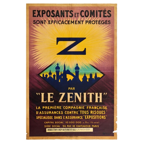 25 - Advertising Poster Le Zenith Insurance Company French. Original vintage advertising poster for Zenit... 