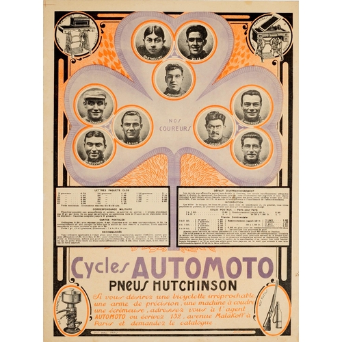 Sport Poster Cycling Tour De France Automoto Hutchinson Tyres. Original vintage poster advertising Cycles Automoto Hutchinson Tyres / Pneus Hutchinson featuring a purple clover leaf with images of Tour de France bicycle race stage winners - Barthelemy, Ville, Jacquinot, Lenaers, M. Heusghem, Lacour, Lacolle, Mourenhout and Joordens - around the heading Nos Coureurs / Our Runners and two smaller images above labelled Nos Machines Coudre / Our Sewing Machines and below Nos Ecremeuses / Our Creamers and Nos Fusils / Our Rifles with the title and information text between an image of a creamer and rifle gun in the corners.  Good condition, restored folds and paper losses, backed on linen.  Country of issue: France, designer: Louis Jacque, size (cm): 50x30, year of printing: 1920s.