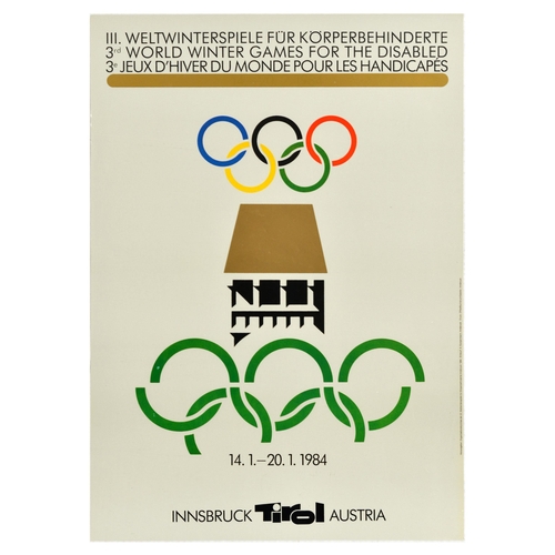 Sport Poster Winter Paralympic Games 1984 Innsbruck Tirol. Original vintage sport poster for the 1984 Winter Paralympic Games - III Weltwinterspiele fur Korperbehinderte / 3rd World Winter Games for the Disabled / 3e Jeux d'Hiver du Monde pour les Handicapes - featuring a stylised illustration of a building with the Olympic rings above and below. The games contested three sports including alpine skiing, cross-country skiing, and ice sledge speed racing, Austria ranked in the first place, followed by Finland in second and Norway the third place. Very good condition, creasing. Country of issue: Austria, designer: A. Kunzenmann, size (cm): 68x48, year of printing: 1984.
