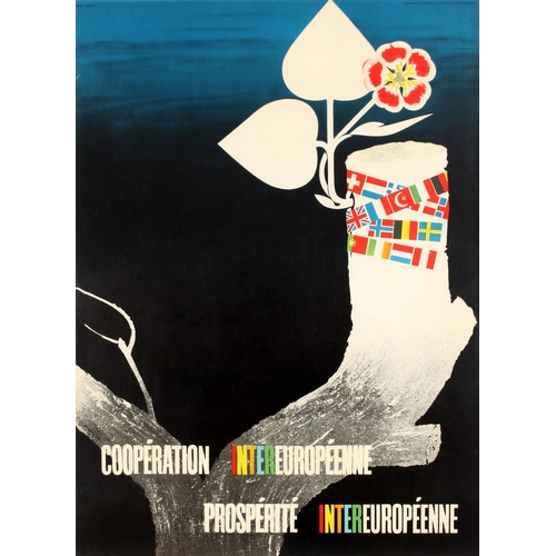 Propaganda Poster ERP Inter-European Cooperation Inter-European Prosperity. Original vintage propaganda poster for the post-war US sponsored European Recovery Program (1948) known as the Marshall plan - Inter-European Cooperation Inter-European Prosperity / Coopération Intereuropéenne Prospérite Intereuropéen. Great design by Pierre Cauchat depicting a dying tree with a new branch growing from it, the white leaves and flower with yellow and red petals against a dark black and blue background, the new shoot being supported by the flags of European countries participating in the Marshall Plan. This design was submitted to the Intra-European Cooperation for a Better Standard of Living poster competition on the theme of cooperation and economic recovery that was held in Europe for the Marshall Plan. Printed by Kühn & Zoon Rotterdam.  Good condition, creasing in margin, small tears in margin. Country of issue: Netherlands, designer: Pierre Cauchat, size (cm): 75x55, year of printing: 1950.