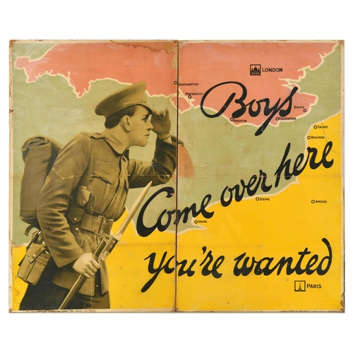 War Poster Boys Come Over Here WWI UK Recruitment Soldier Army. Original antique World War One recruitment poster encouraging men to enlist in the army and fight the war in France: Boys Come over here you�re wanted. Great design featuring a young soldier in uniform holding his hat and rifle gun with a colourful map of the Channel between the south coast of England and north coast of France in the background, the stylised text across the two countries with the capital cities - London and Paris - marked with boxes showing St Paul's Cathedral and the Eiffel Tower in addition to other towns marked: Portsmouth Brighton Dover Folkestone Southampton Calais Dieppe Havre Boulogne and Amiens. Published by the Parliamentary Recruiting Committee, London. Printed by David Allen & Sons. Ltd., Harrow, Middlesex. Horizontal.  Large size. Poor condition, folds, tears, paper losses, staining, creasing, pinholes, split in two parts and backed on wooden board. Country of issue: UK, designer: Unknown, size (cm): 100x126, year of printing: 1915.