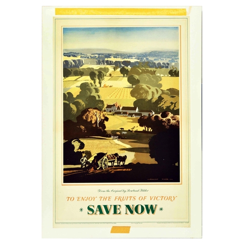 War Poster Fruits Of Victory Save Now National Savings WWII. Original vintage World War Two poster - To Enjoy the Fruits of Victory Save Now - featuring a great illustration from the original by an English artist Rowland Hilder (1905-1993) depicting a rural landscape with a farmhouse in the middle distance, and a farm worker unloads a horse-drawn cart. Issued by the National Savings Committee, London, the Scottish Savings Committee, Edinburgh, and the Ulster Savings Committee, Belfast. Printed for H.M. Stationery Office by J.Howitt & Son Ltd., Nottm. Good condition, tape on image, backed on board, tape on board. Country of issue: UK, designer: Rowland Hilder, size (cm): 76x49, year of printing: 1940s.