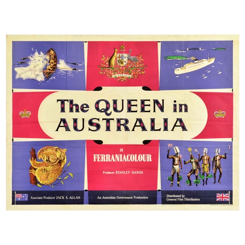 Movie Poster The Queen In Australia Documentary Union Jack Coronation. Original vintage movie poster for The Queen In Australia, a 1954 documentary about the visit of Queen Elizabeth II to Australia in 1954, directed and produced by Stanley Hawes, narrated by Peter Finch and Wilfred Thomas. The poster features a stylised Union Flag with the title in the centre surrounded by smaller images depicting men rowing a boat, the Coat of Arms of Australia, a cruise ship, koalas on a tree, and indigenous aborigines of Australia waving the United Kingdom flags. Printed by W.E Berry LTD, Bradford. Horizontal. Good condition, folds, creasing, tears on edges, staining, discolouration from sun damage. Country of issue: UK, designer: Unknown, size (cm): 75x101, year of printing: 1954.