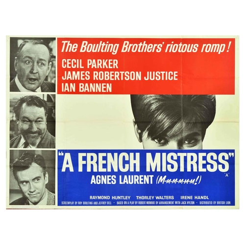 Movie Poster French Mistress Schoolteacher Agnes Laurent Comedy. Original vintage movie poster for A French Mistress, a 1960 British comedy film directed by Roy Boulting, starring Cecil Parker, James Robertson Justice, Ian Bannen and Agnes Laurent, the poster features an image of three gentlemen, and eyes of a lady, white lettering set over red - white - blue colours of the French flag. Horizontal.  Good condition, folds, creasing, pinholes, minor staining. Country of issue: UK, designer: Unknown, size (cm): 76x102, year of printing: 1960.