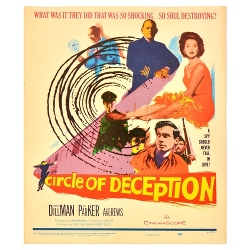 Movie Poster Circle Of Deception War Drama Spy Action. Original vintage movie poster for a 1960 war drama romance film Circle of Deception directed by Jack Lee, starring Bradford Dillman, Suzy Parker, and Harry Andrews, the poster features images of the film characters in bright colours, with a train and circular patterns in the centre resembling a bulls-eye, the text reads - What was it they did that was so shocking... so soul destroying? A spy should never fall in love! Good condition, creasing, small tears, minor staining. Country of issue: USA, designer: Unknown, size (cm): 42x36, year of printing: 1960.