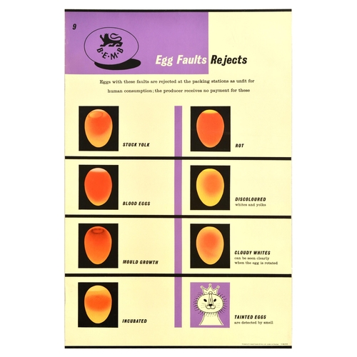 Advertising Poster Egg Faults Rejects Food British Egg Marketing Board. Original vintage advertising poster issued by BEMB British Egg Marketing Board number 9 Egg Faults Rejects - Eggs with these faults are rejected at the packing stations as unfit for human consumption; the producer receives no payment for these - featuring various egg rejection reason images - stuck yolk, blood eggs, mould growth, incubated, rot, discoloured, cloudy whites, tainted eggs. - with a lion logo in the image. The British government set up Egg Marketing Board in 1956 to stabilise the market for eggs due to a widespread collapse in sales, the board closed down in 1971. The lion mark was revived in 1998 by the British Egg Information Service. Printed by Sir Joseph Causton & Sons LTD, London and Eastleigh. Good condition, creasing, gloss finish, backed on linen with metal bars on top and bottom edges and hook on reverse. Country of issue: UK, designer: Unknown, size (cm): 76x51, year of printing: 1959.