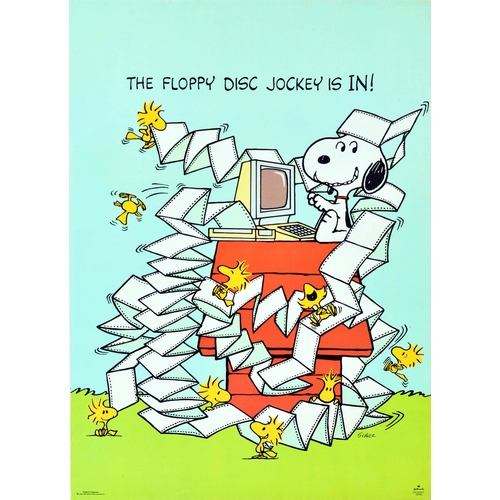 Advertising Poster Snoopy The Floppy Disc Jockey. Original vintage poster featuring the iconic Peanuts comic character Snoopy the Dog by the notable American cartoonist Charles M. Schulz (Charles Monroe Schulz; 1922-2000), the quote reading - Snoopy The Floppy Disc Jockey is in! Fun and colourful design featuring a smiling Snoopy using a personal computer on top of his doghouse surrounded by reams of printed paper being played with by happy Woodstock birds. Printed by Hallmark Cards. United Features Syndicate Inc. Very good condition, minor creasing, minor staining.  Country of issue: UK, designer: Charles M. Schulz, size (cm): 70x50, year of printing: 1980s.