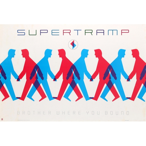 Advertising Poster Supertramp Brother Where You Bound. Original vintage music advertising poster for the English progressive pop rock band Supertramp to promote the release of their eighth studio album Brother Where You Bound. Great artwork adapted from the design for the album cover creating a new graphic image featuring a repetition of stylised blue and red silhouettes of men crossing over as if shaking hands with the text above and below in stylised multi-coloured and grey letters. Horizontal. Good condition, folds, foxing, minor tears and staining in margins.  Country of issue: USA, designer: Norman Moore, size (cm): 61x91.5, year of printing: 1985.