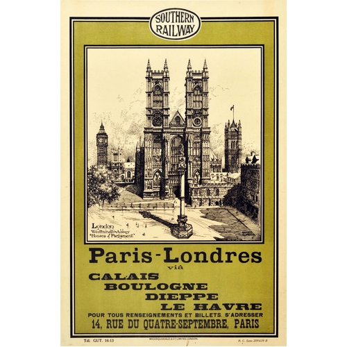 117 - Travel Poster London Paris Southern Railway Westminster Abbey Big Ben. Original vintage travel poste... 