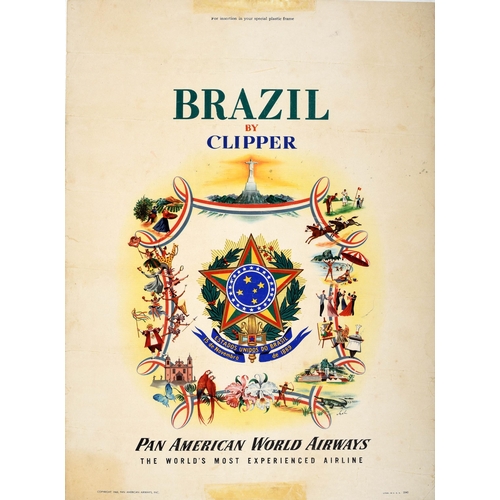 124 - Travel Poster Brazil Pan Am Airline Clipper. Original vintage travel poster for Brazil by Clipper Pa... 