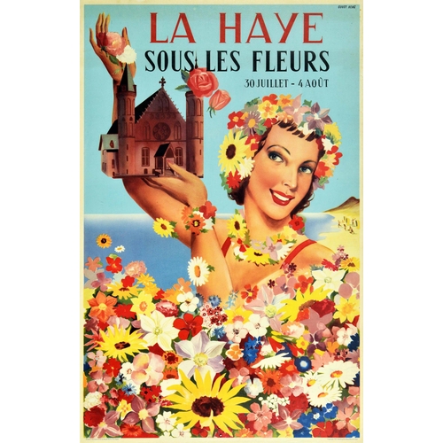 126 - Travel Poster Hague Flower Festival Netherlands. Original vintage travel poster promoting La Haye so... 