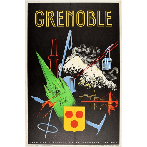 137 - Travel Poster Grenoble France Ski Hiking Mountain Climbing. Original vintage travel poster advertisi... 