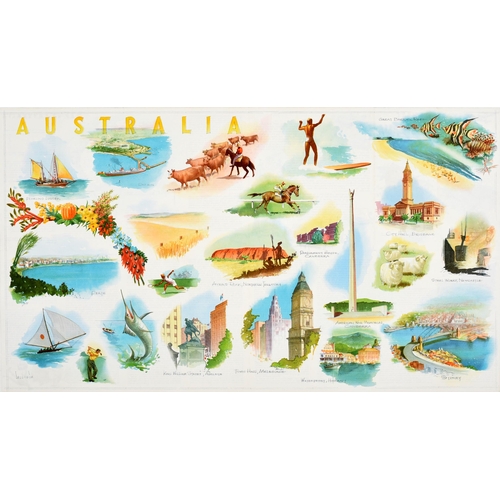 147 - Travel Poster Australia Sellheim Qantas Airline. Original vintage travel poster for Australia featur... 
