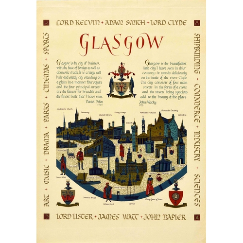 151 - Travel Poster Glasgow City History Scotland. Original vintage travel poster for Glasgow featuring te... 
