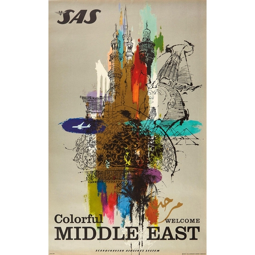 153 - Travel Poster Middle East SAS Airlines Otto Nielsen. Original vintage travel poster - Colorful Middl... 