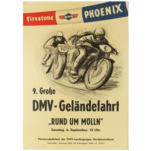 Sport Poster DMV Off-Road Motorcycle Race Firestone Phoenix. Original vintage motor sport poster for an off road motocross motorcycle racing event - 9. Grosse DMV (Deutscher Motorsport Verband / German Motorsport Association; founded 1923) Gelandefahrt Rund im Molln - organised by the Motorsport Club Till Eulenspiegel and held on Sunday 6 September in Moelln northern Germany featuring a dynamic black and white sketch drawing of three motorcyclists wearing helmets and racing goggles leaning forward on their numbered bikes as they speed around the track under a colourful sponsorship banner with the logos of the tyre manufacturers Firestone against a red background, Reifen against a white background in the centre, and Phoenix against a blue background above and the information text below. Good condition, tears, creasing.  Country of issue: Germany, designer: unknown, size (cm): 42x59, year of printing: 1970s.