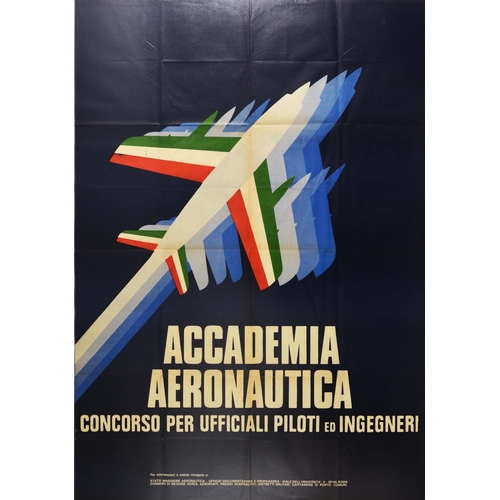 Propaganda Poster Pilot Recruitment Airforce Academy Italy Academia Aeronautica. Original vintage recruitment poster for Italian Air force Academy in Naples Italy - Accademia Aeronautica Concorso per Ufficiali Piloti ed Ufficiali Ingegneri / Air Force Academy Competition for Official Pilots and Official Engineers - featuring an image of a white fighter plane repeated in progressively darker shades of blue with green white and red stripes on the wings and tail of the military aircraft representing the Italian flag and the planes reminiscent of missiles lined up and pointing towards the sky against the dark blue background, the bold lettering below. Published by the Ministry of Defence Air Force Documents and Propaganda Office. Printed in Italy. Large size. Good condition, creasing, folds, repaired tears, pinholes.  Country of issue: Italy, designer: unknown, size (cm): 140x98, year of printing: 1970s.