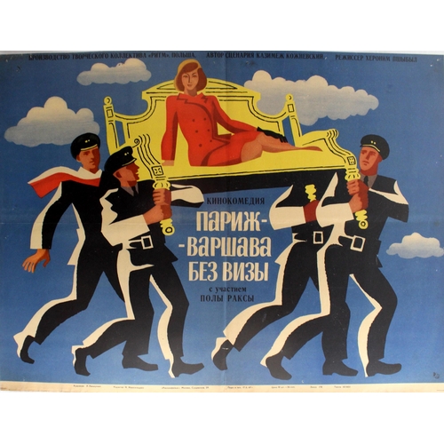 Movie Poster Paris - Warsaw Without Visa. Original vintage film poster for the Russian release of a Polish comedy, Paris - Warsaw Without Visa (Paryz - Warszawa bez wizy) starring Pola Raksa. Fun image of a lady being carried on a sofa by four men in uniform with blue sky and clouds behind them. Horizontal. Good condition, minor tears and bumps on margins.  Country of issue: Russia, designer: L Levshunova, size (cm): 50x65, year of printing: 1969.