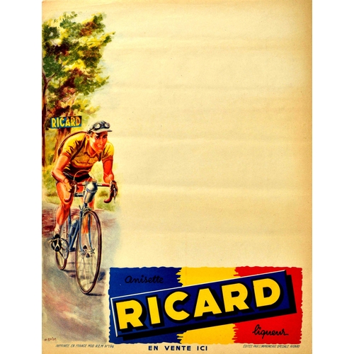69 - Advertising Poster Ricard Tour De France Cyclist Anisette Liqueur Drink. Original vintage bicycle ra... 
