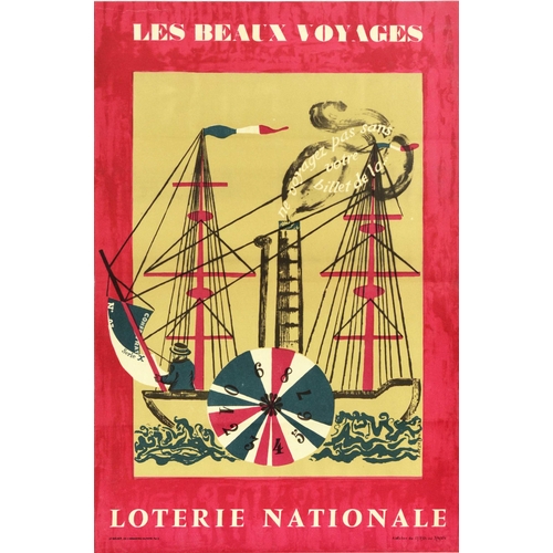76 - Advertising Poster Loterie Nationale Les Beaux Voyages Sailing Steamship. Original vintage advertisi... 