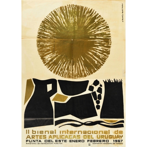 Advertising Poster Biennial International Applied Art Uruguay. Original vintage advertising poster for the 2nd International Biennial of Applied Arts of Uruguay / II bienal internacional de Artes Aplicadas del Uruguay held in Punta del Este in January and February 1967, featuring a bold design of a gold sun shaped circle shining above black shapes of a jug, bowl, carafe, necklace and fabric with the text below. Ministry of Public Instruction National Tourism Commission. Fair condition, folds, creasing, tears, paint transfer, paper losses.  Country of issue: Uruguay, designer: A. Medina, Mabel Medina, size (cm): 100x71, year of printing: 1967.
