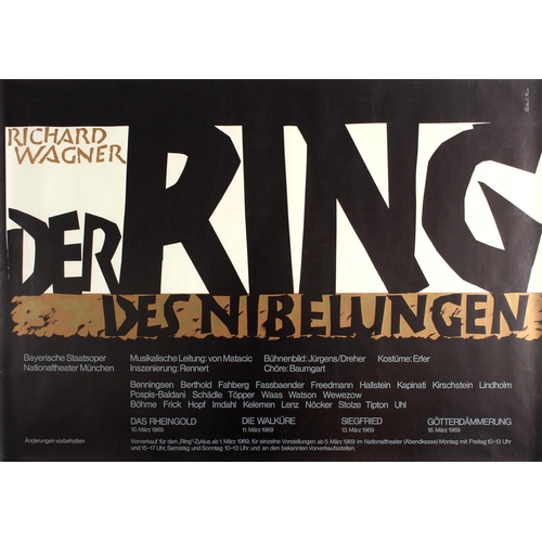 Advertising Poster Richard Wagner Der Ring des Nibelungen Opera National Theatre Munich. Original vintage advertising poster for a performance of Richard Wagner's famous opera The Ring of Nibelung by the Bavarian State Opera at the National Theatre of Munich in March 1969 / Der Ring des Nibelungen Bayerische Staatsoper Nationaltheater Munchen. Great artwork featuring the title of the opera in large stylised bold black letters against a white, gold and black background with the information text below in grey letters. Der Ring des Nibelungen (The Ring of the Nibelungen) is a music drama in four parts by the German composer Wilhelm Richard Wagner (1813-1883). Large size. Horizontal. Excellent condition.  Country of issue: Germany, designer: unknown, size (cm): 84.5x120, year of printing: 1969.