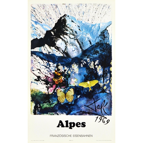 Travel Poster Alpes Butterfly Salvador Dali SNCF German. Original vintage travel poster advertising the French Alps featuring snow topped mountains with butterflies in the foreground designed by the renowned surrealist artist Salvador Dali (1904-1989) for the state owned French National Railways (SNCF Societe Nationale des Chemins de Fer Francais; founded 1938). Text in German - Alpes Franzosische Eisenbahnen. Very good condition, browning, minor creasing.  Country of issue: France, designer: Salvador Dali, size (cm): 60x37, year of printing: 1970.