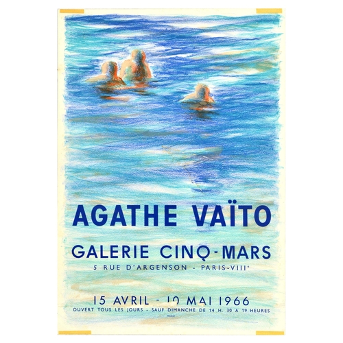 Art Exhibition Poster Agathe Vaito Galerie Cino Mars. Original vintage advertising poster for Agathe Vaito (b.1928) artwork exhibition at Galerie Cino - Mars from 15 April to 10 May 1966 featuring an image of silhouettes in the water. Printed by Mourlot. Fair condition, tape on edges, creasing, staining, tears in centre of the poster, paper skimming. Country of issue: France, designer: Agathe Vaito, size (cm): 60x42, year of printing: 1966.