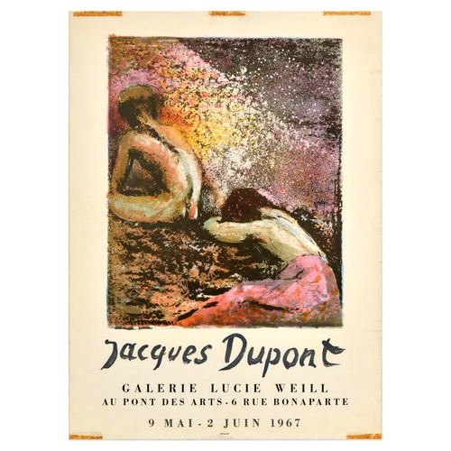 Art Exhibition Poster Jacques Dupont Galerie Lucie Weill. Original vintage advertising poster Jacques Dupont at Galerie Lucie Weill from 9 May to 2 June 1967 featuring an artwork depicting two people set over a colourful background. Printed by Mourlot. Fair condition, creasing, tears, staining, tape on edges, paper skimming. Country of issue: France, designer: Jacques Dupont, size (cm): 73x53, year of printing: 1967.