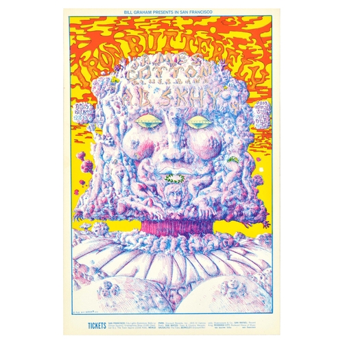 Rock Music Concert Poster Iron Butterfly James Cotton AB Skhy Psychedelic. Original vintage music advertising poster Bill Graham presents in San Francisco Iron Butterfly, James Cotton Blues Band, A.B. Shky, lights by Fillmore West 23-26 January, featuring a colourful psychedelic illustration of a face made up of human bodies with UFO flying spaceships for eyes set over a red and yellow stylised lettering background, ticket information below the image. Excellent condition. Country of issue: USA, designer: Lee Conklin, size (cm): 53x36, year of printing: 1969.