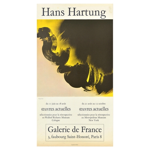 Art Exhibition Poster Hans Hartung Abstract Galerie De France. Original vintage advertising poster for a German-French painter Hans Hartung (1904-1989) artwork exhibition at Galerie de France featuring an abstract design in black and yellow set over a light background. Good condition, creasing, staining,  Country of issue: France, designer: Hans Hartung, size (cm): 93x50, year of printing: 1973.