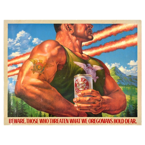 Advertising Poster Blitz Weinhard Beer Oregon Portland Strong Man. Original vintage drink advertising poster for Blitz beer by Henry Weinhard - Beware, those who threaten what we Oregonians hold dear - featuring an illustration of an athletically built man holding a can of beer with trees in the valley and mountains below diagonal fire lines shooting across blue skies. Blitz Weinhard Brewing Company Portland Oregon. Horizontal. Good condition, creasing, pinholes, staining. Country of issue: USA, designer: unknown, size (cm): 44x58, year of printing: 1970s.