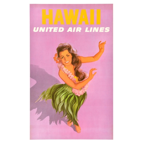 Travel Poster Hawaii United Airlines Hula Dance Stan Galli. Original vintage travel poster for Hawaii by United Air Lines featuring an illustration of a smiling lady with a red flower in her hair, floral lei garland around her neck and a grass skirt, seen dancing set over a pink background. Very good condition, minor creasing on edges, backed on linen. Country of issue: USA, designer: Stan Galli, size (cm): 102x62, year of printing: 1960s.